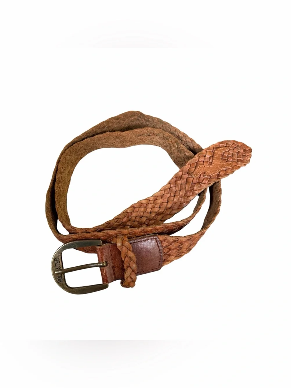 Vintage Y2K Hollister Brown Leather Braided Seagull Logo Woven Belt Size M/L
